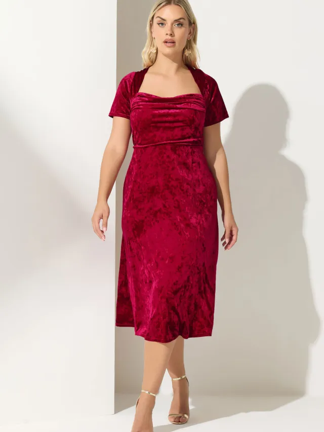 Yours London Rode Fluwelen Midijurk Met Vierkante Hals Red