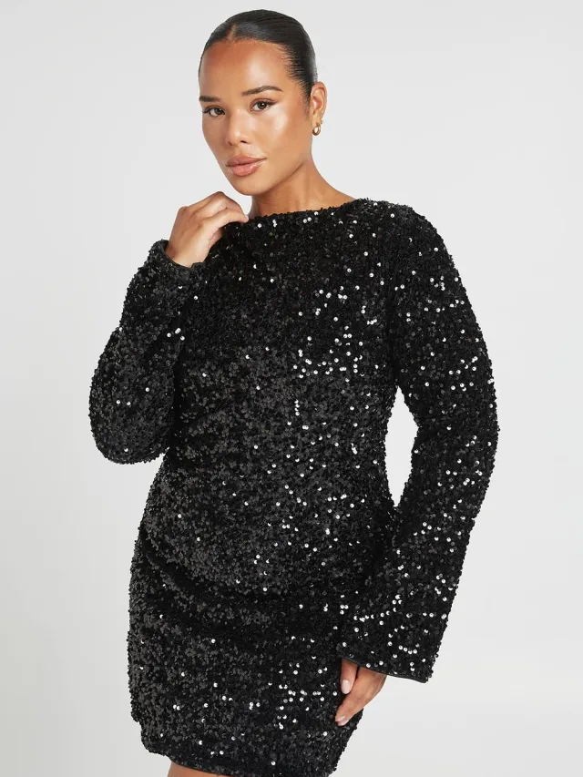 boohoo Dames Plus Fluwelen Pailletten Jurk Met Strikdetail Op De Rug Zwart