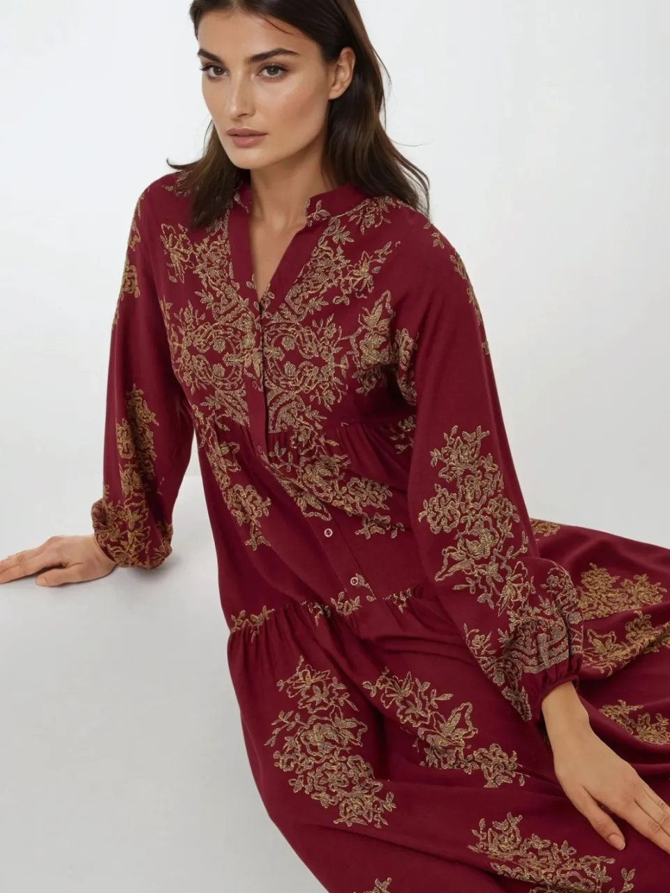 Hiccup Geprinte Lange Mouwen Viscose Maxi Jurk rood, foto 2