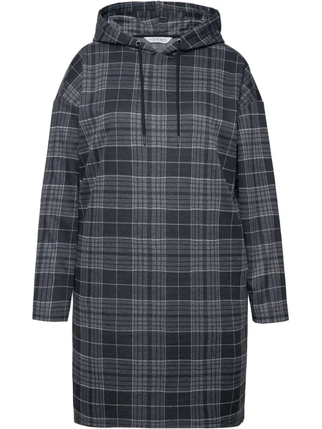 Studio Untold Dames - Midi-jurk oversized jersey ruiten capuchon lange mouwen - Zwart - Maat 46+