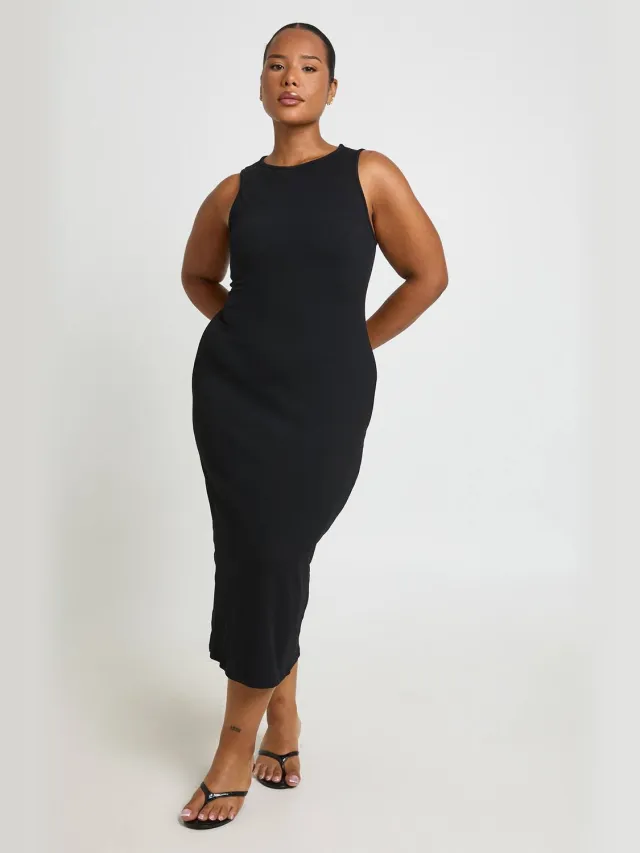 boohoo Dames Plus Basic Geribbelde Midi-jurk Met Racerneck Zwart