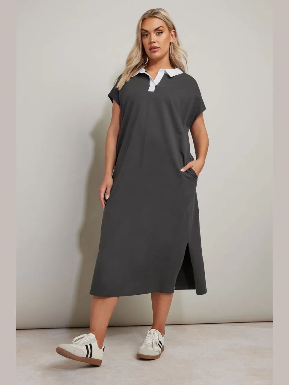 Yours Midaxijurk Van Katoen Met Open Kraag In Donkergrijs grijs, foto 2