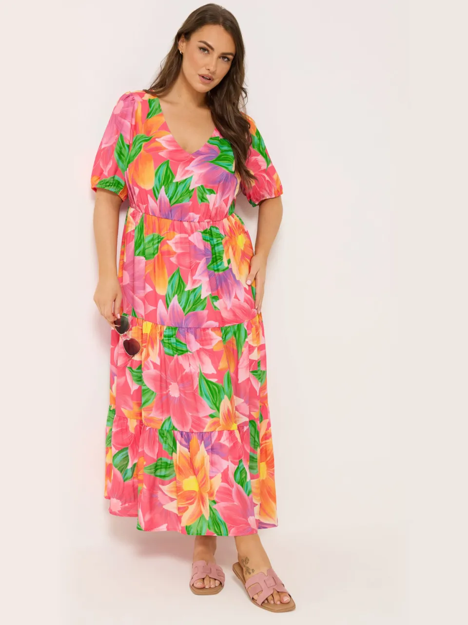 Yours Roze Maxijurk Met Bloemenprint, Pofmouwen En Lagen, foto 2