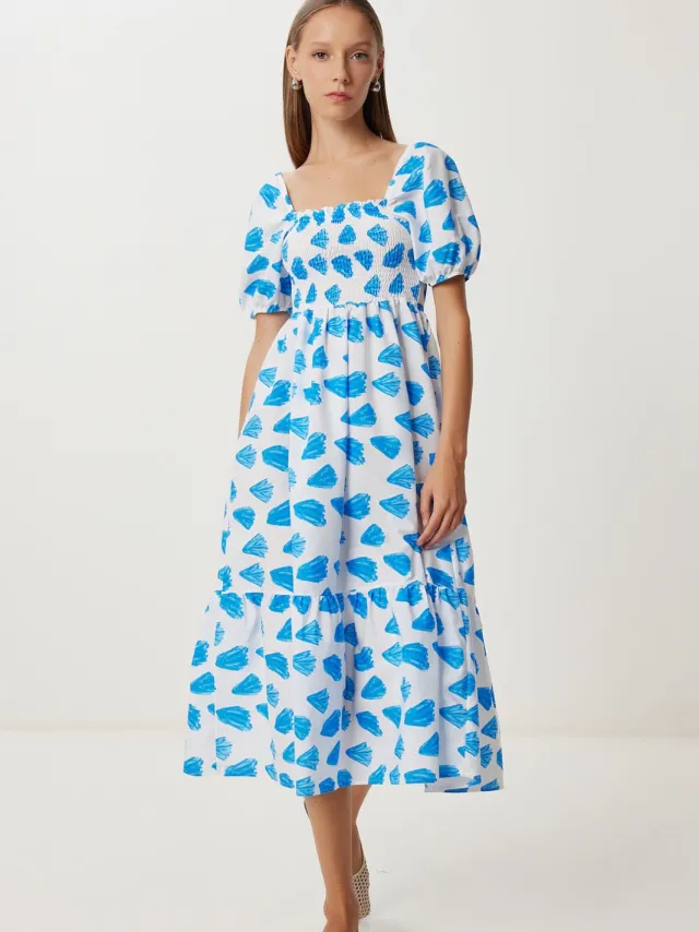Happiness Istanbul Franjeachtig Abstract Print A-Lijn Midi Jurk met Vierkante Kraag Beige