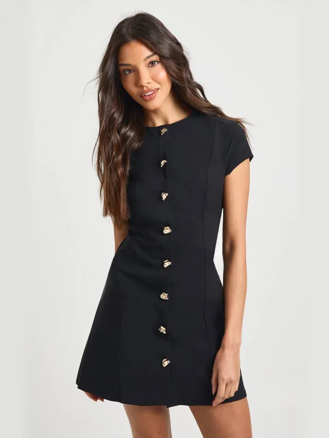 boohoo Dames Bengaline Gouden Knoop Trim Korte Mouw Shift Jurk Zwart