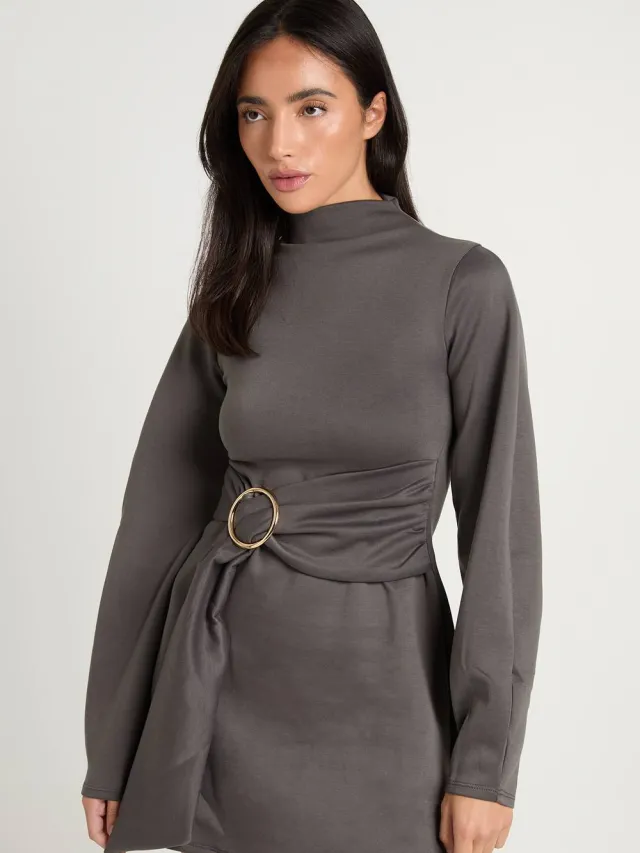 boohoo Dames Shift-jurk Met Aangewerkte Hals En Ceintuur Houtskool