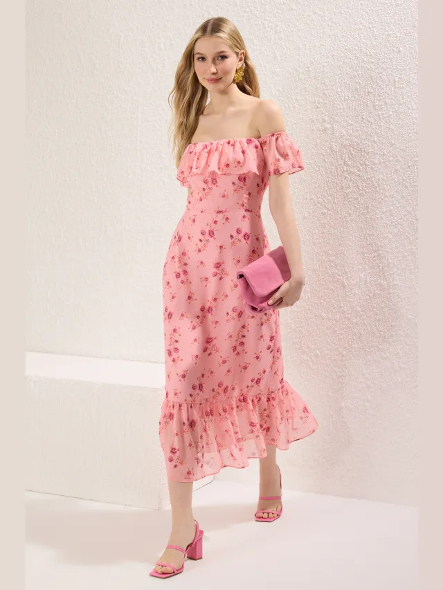 Trendyol TRENDYOLMİLLA Dames Roze Bloemen Midi Mouwloos Avond / Dagelijks A-lijn Jurken