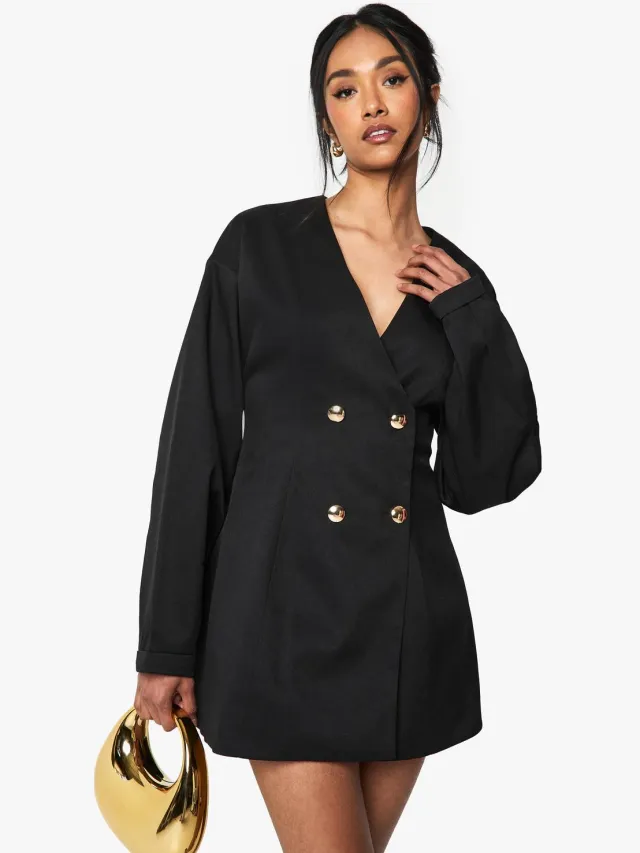 boohoo Dames Tailored Collarless Cinched Waist Blazer Dress Zwart