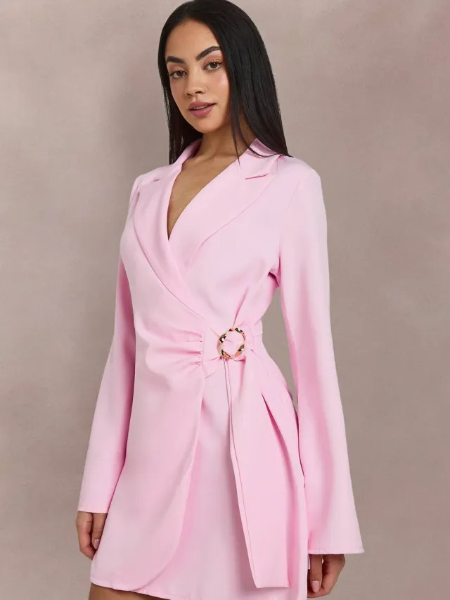 boohoo Dames Getailleerde Blazerjurk Met Gespsluiting En Strikceintuur Pastelroze
