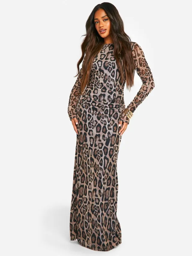 boohoo Dames Maxi-jurk met ruched luipaardprint