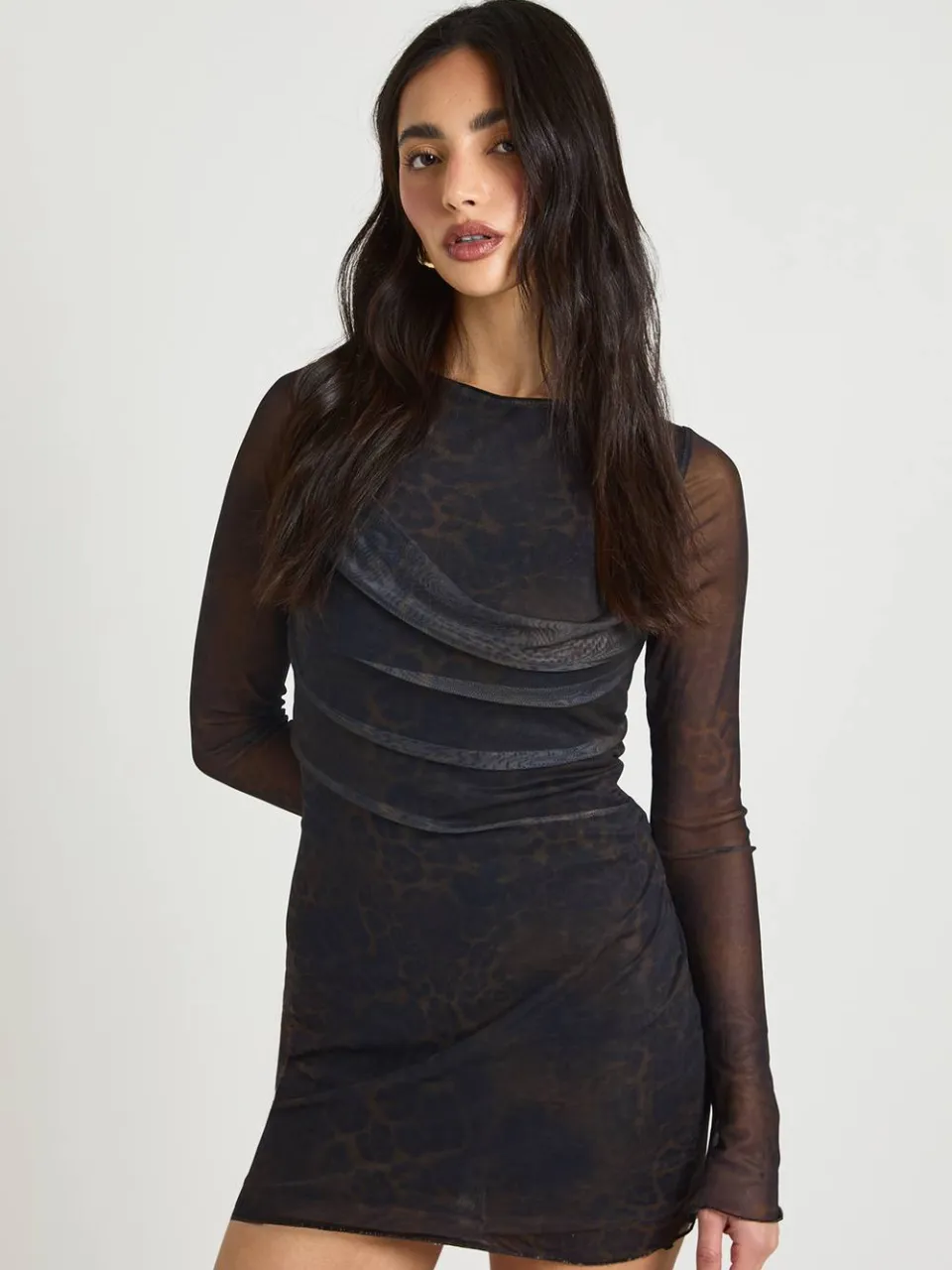 boohoo Dames Bodycon Jurk Met Luipaardprint Mesh En Waterval Halslijn, foto 3