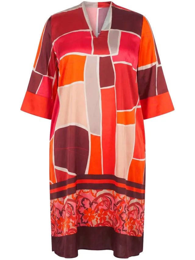 Ulla Popken Dames - Midi-jurk A-lijn gobletkraag 3/4-mouwen - Fuchsiaroze - Maat 58+