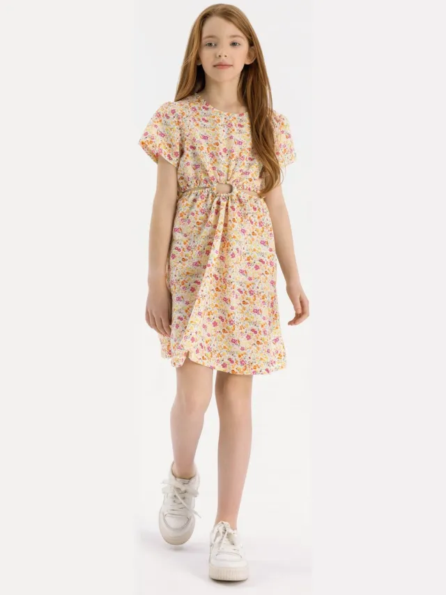 Minoti jurk meisjes korte mouw met cut-outs in de taille en print - lichtgeel