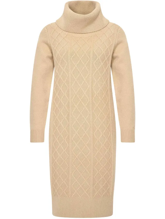 HV Society jurk camel gebreid met col en ruitstructuur voor dames - M (38)
