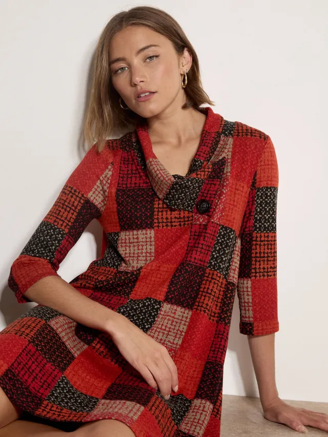 Apricot Midi-jurk van gebreid stof met geruit patroon en textuur Rood
