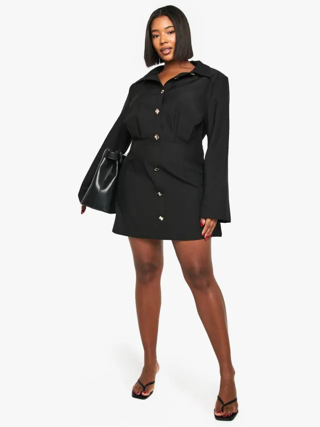 boohoo Dames Plus Gold Button Shift Shirtjurk Zwart