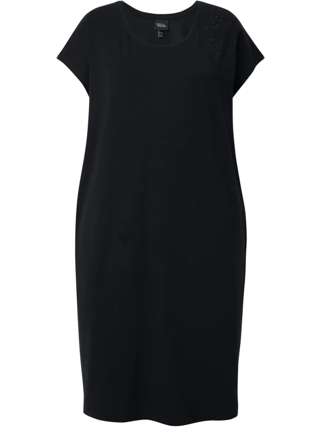 Ulla Popken Dames - Jersey jurk siersteentjes oversized ronde hals - Zwart - Maat 46+