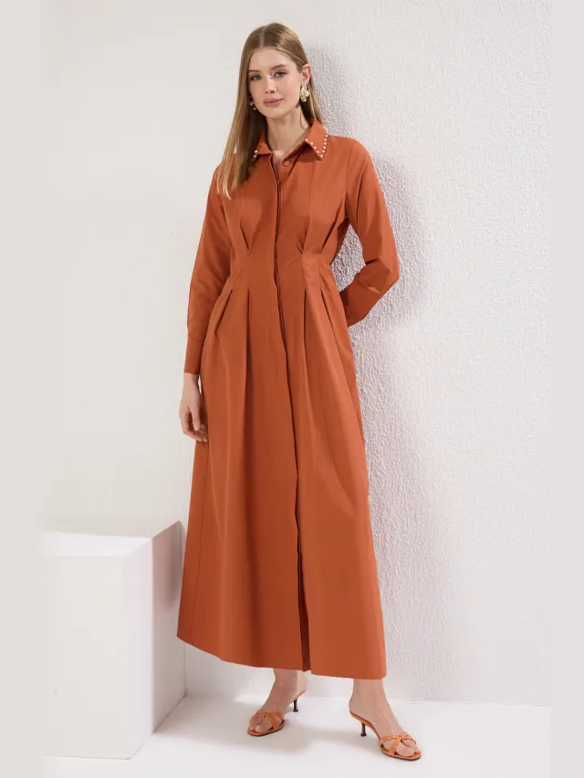 Trendyol Modest Dames Bruin Effen Maxi Lang Casual Blousejurk Modest Jurken