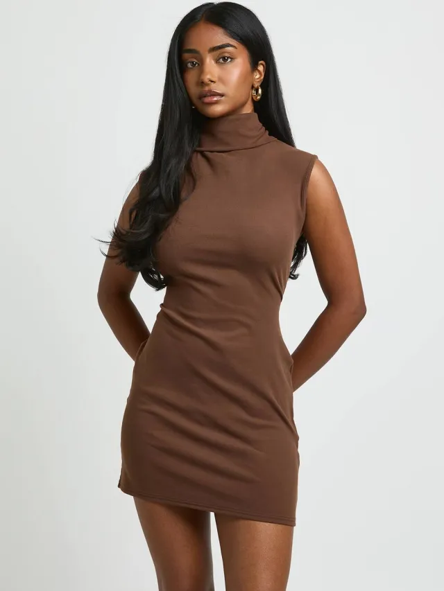 boohoo Dames Basic Supersoft Rolkraag Mouwloze Mini Jurk chocoladebruin, foto 3