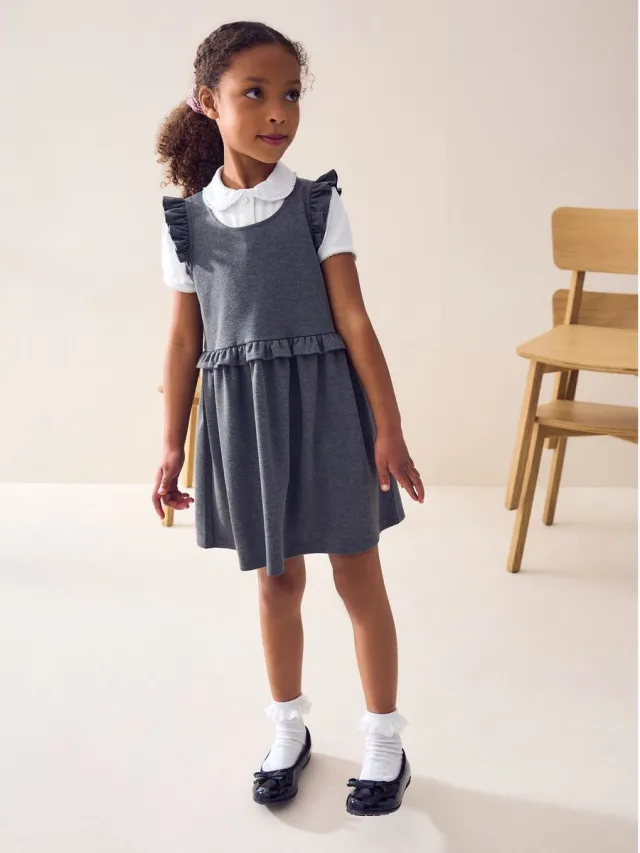 Next Meisjes - Jersey Stretch Frill School Pinafor - Grijs Grey