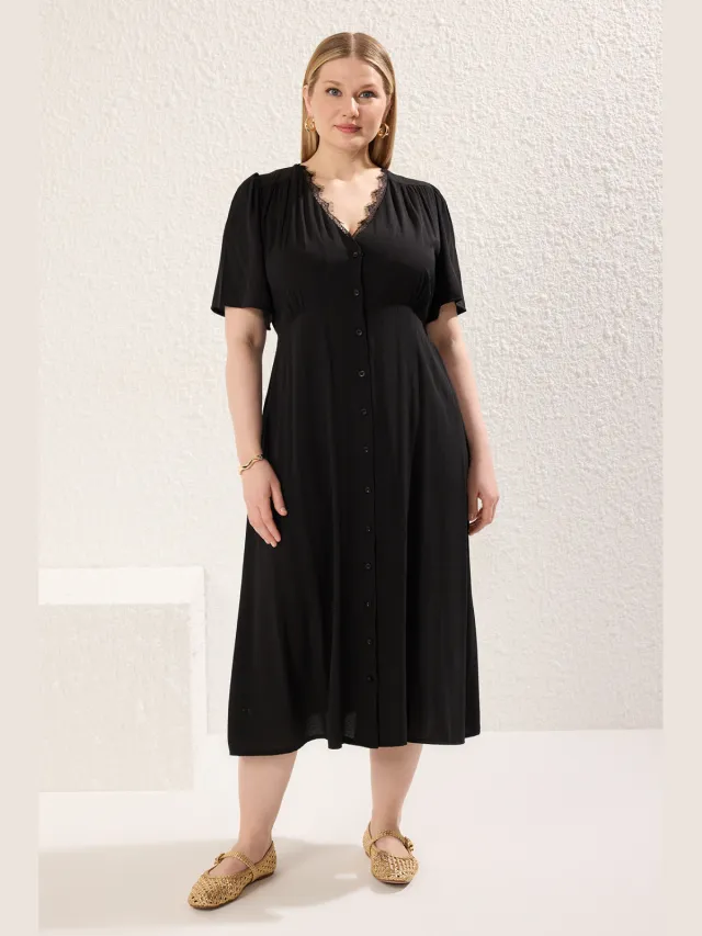 Trendyol Curve Dames Zwart Effen Midi Kort Casual A-lijn Grote maten Jurk