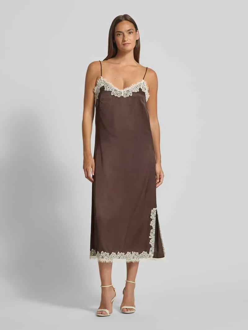 Jake*s Collection midi-jurk van viscose met kant Donkerbruin