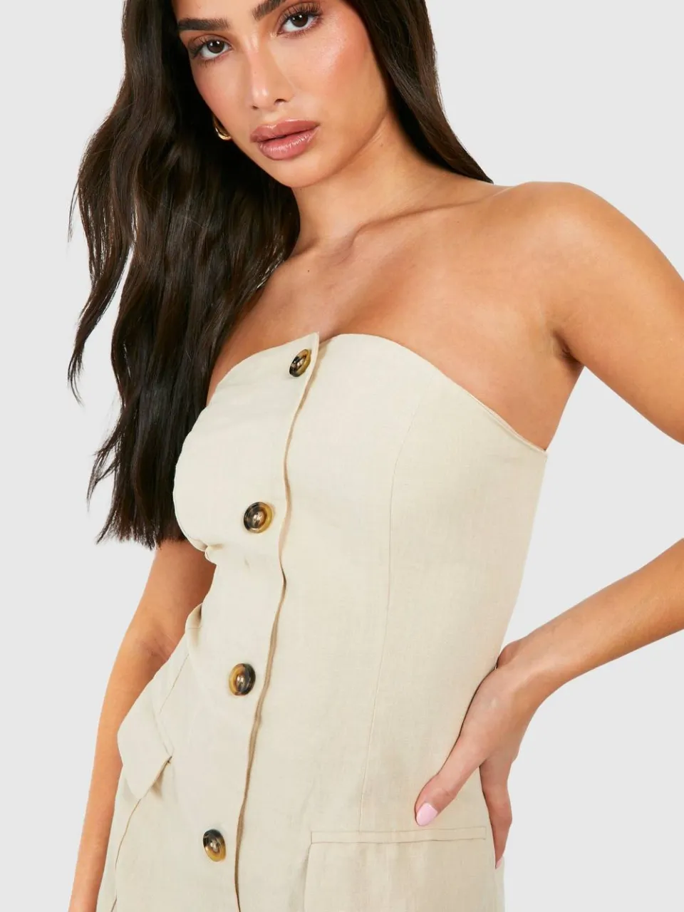 boohoo Dames Petite Linen Look Bandeau Blazerjurk natural, foto 4