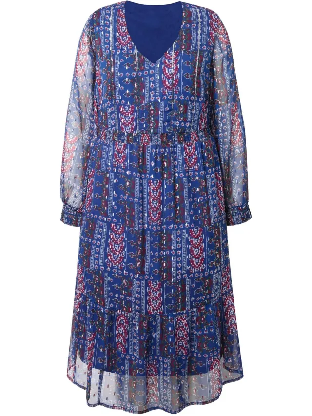 Studio Untold Dames - Chiffon midi-jurk patchprint met glitters zoomvolant - Navy - Maat 54+