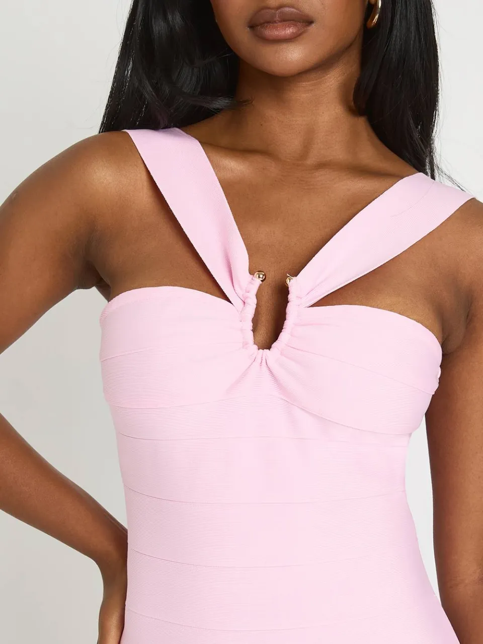 boohoo Dames Premium Bandage Plunge Front Mini Jurk pastelroze, foto 4