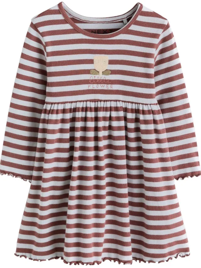 Next Meisjes - Geribbelde jurk met lange mouwen - Bruin Brown Stripe Flower