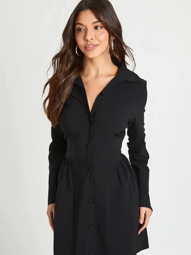 boohoo Dames Bengaline Jurk Met Lange Mouwen En Volledige Rok Zwart