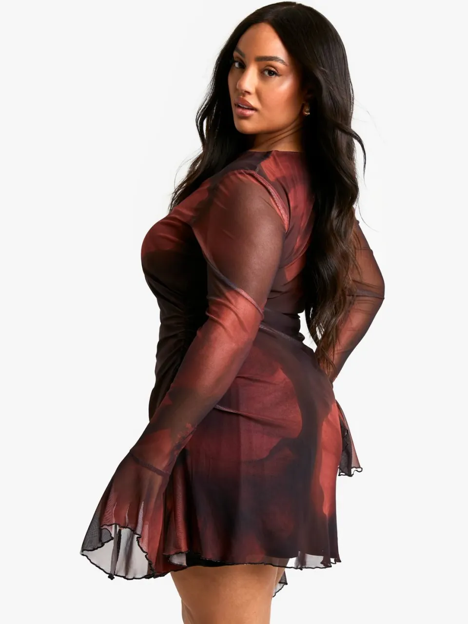 boohoo Dames Plus Blurred Floral Shiftjurk met Uitlopende Mouwen bordeaux rood, foto 2