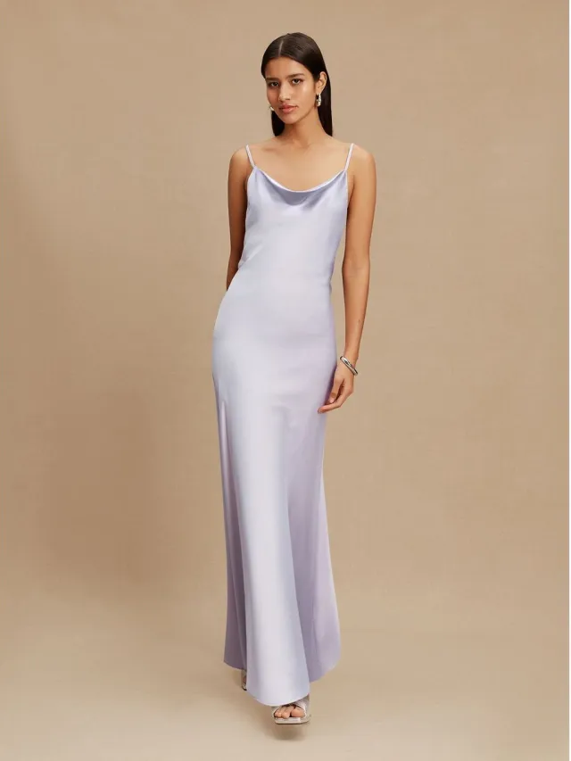 Next Dames - Lange satijnen Maxi-jurk met watervalhals voor bruiloftsgasten - Tall - Paars Lavender Purple