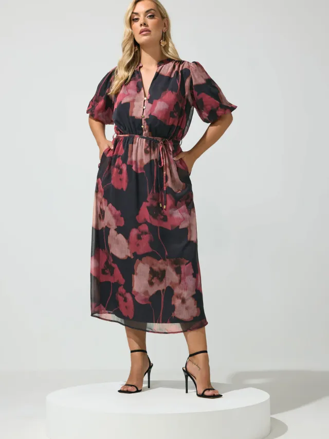 Yours London Curve Rode Jurk Met Wazige Bloemenprint En Pofmouwen Red