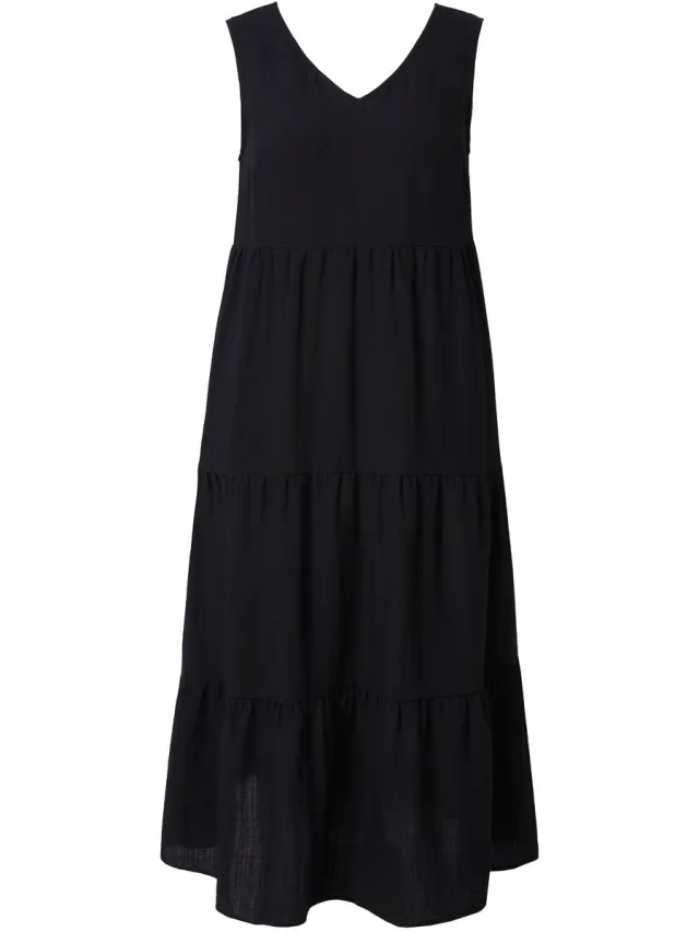 Ulla Popken Dames - Maxi-jurk met laagjes A-lijn V-hals mouwloos - Zwart