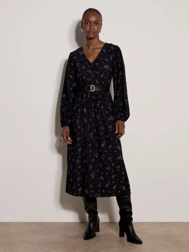 Apricot Midi-jurk met vintage bloemenprint en smockwerk zwart