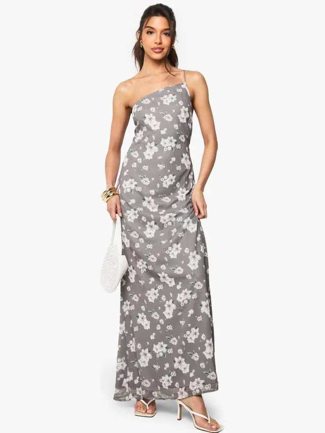 boohoo Dames Floral Chiffon Asymmetrische Column Maxi-jurk Steen