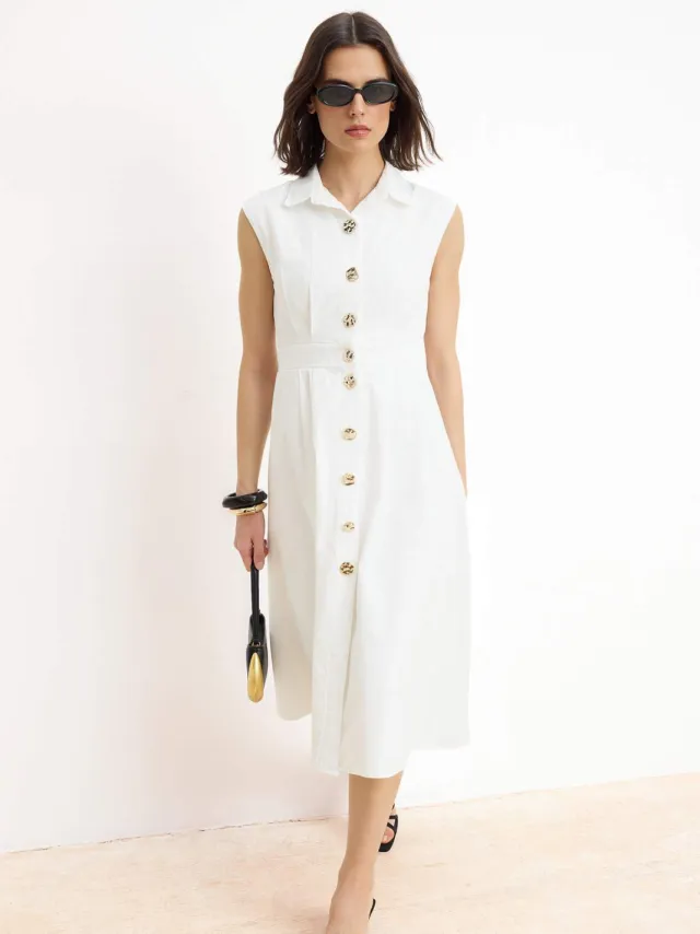 Turkishsouq Damesjurk, platte midi-lengte, mouwloos, casual/dagelijks. Ecru
