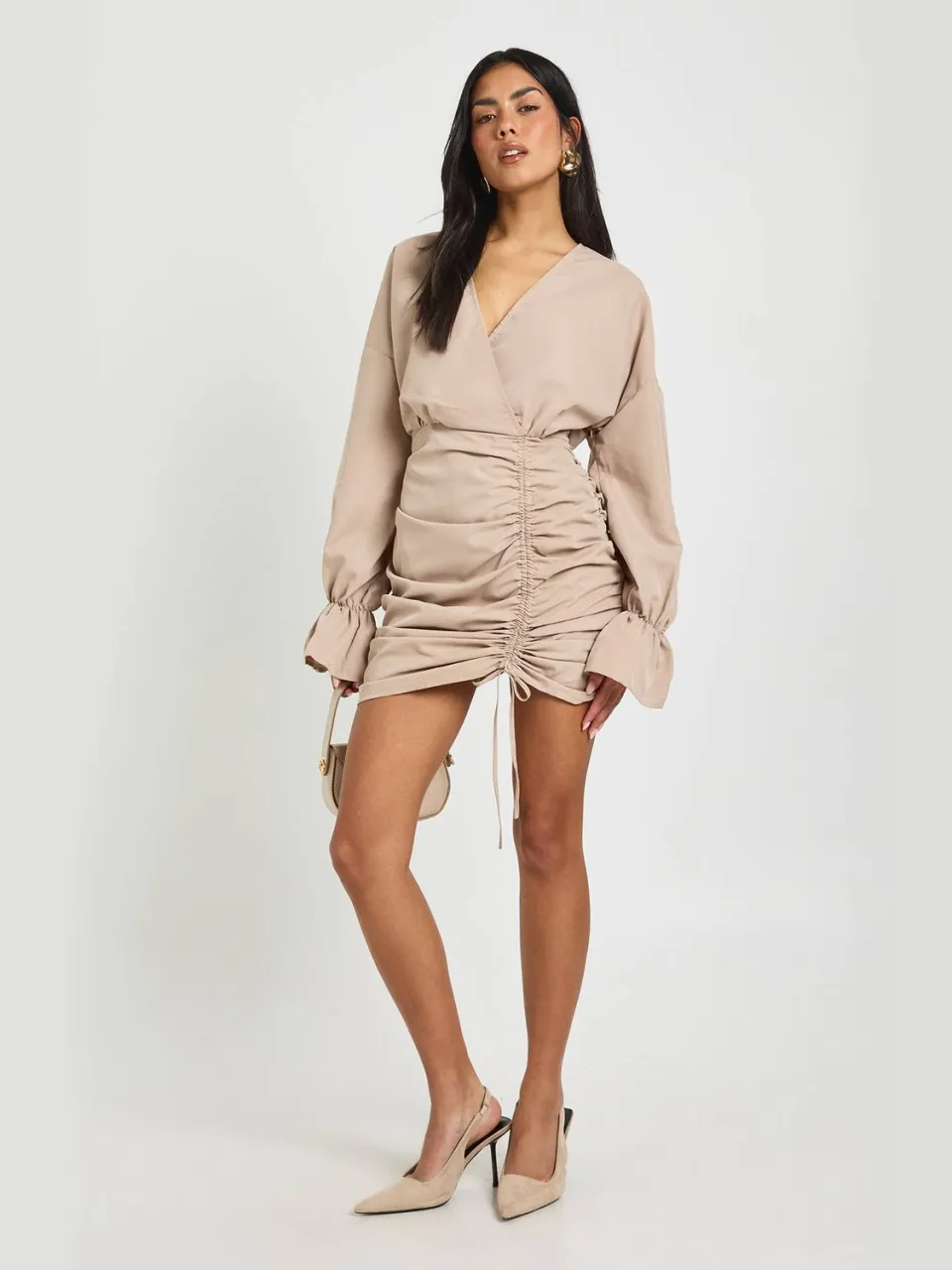 boohoo Dames Katoenen ruched wikkeloverhemdjurk Taupe