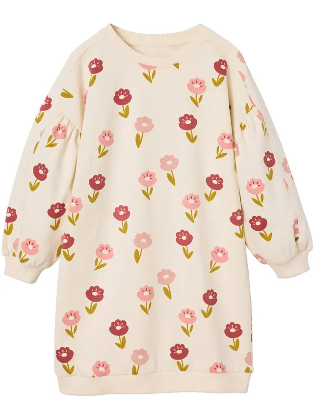 vertbaudet Korte sweatjurk met bloemenprint ecru