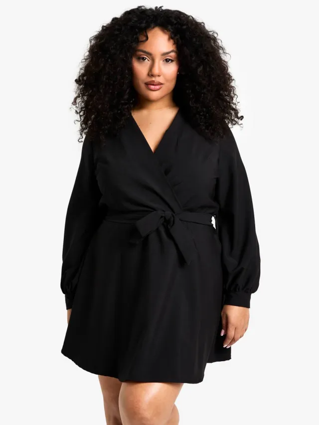 boohoo Dames plus blouson mouw mini wrapjurk Zwart