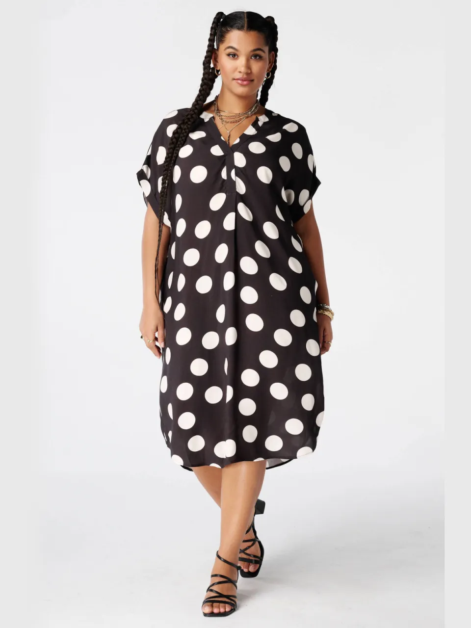 MS Mode viscose zomerjurk met plooien en stippen Plus Size - bruin, foto 5