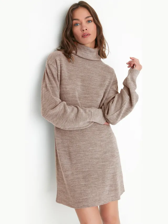Trendyol TRENDYOLMİLLA Dames Beige Effen Extra Kort / Super Mini Lang Casual Recht Jurken