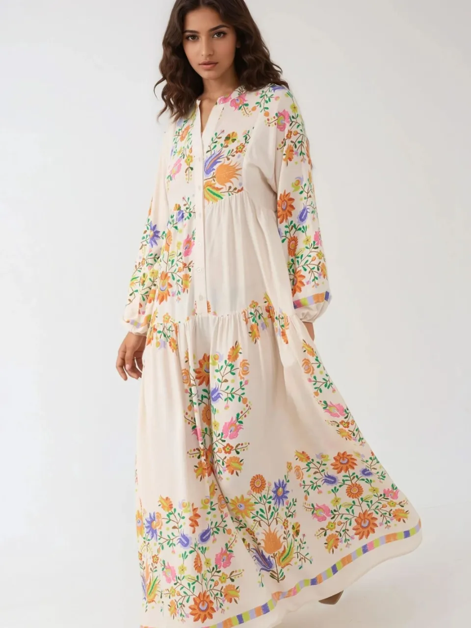 Hiccup Geprinte V-hals Maxi-jurk met Knopdetail ivoor, foto 2