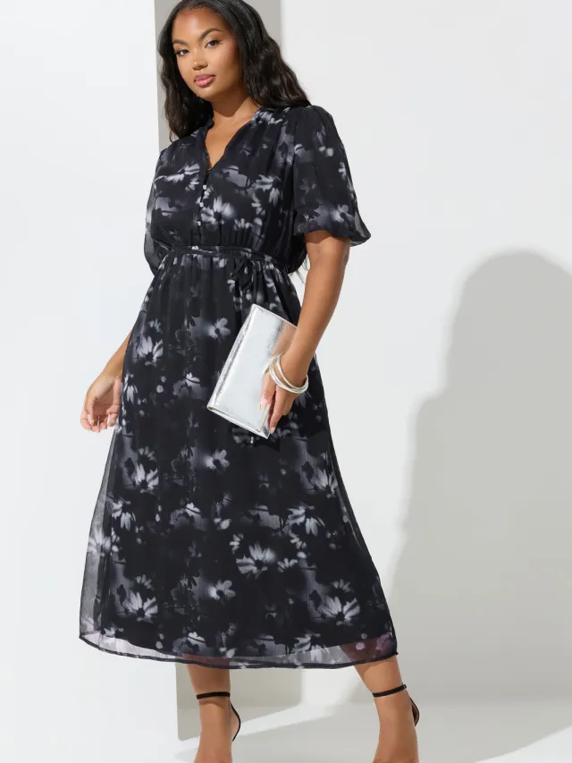 Yours London Curve Grey Blurred Floral Puff Sleeve Shirt Dress