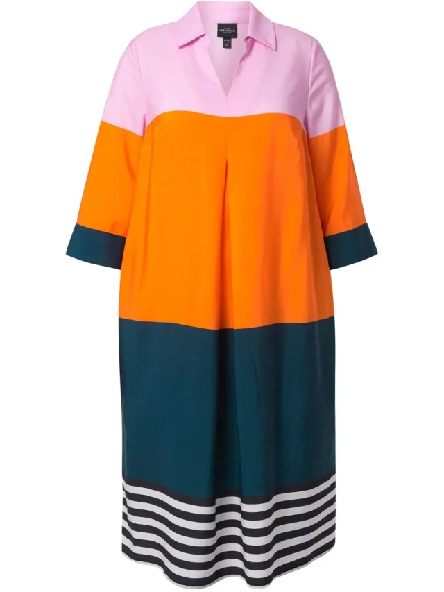Ulla Popken Dames - Midi-jurk lyocell colorblocking overhemdkraag 3/4-mouwen - Diepgroen - Maat 58+