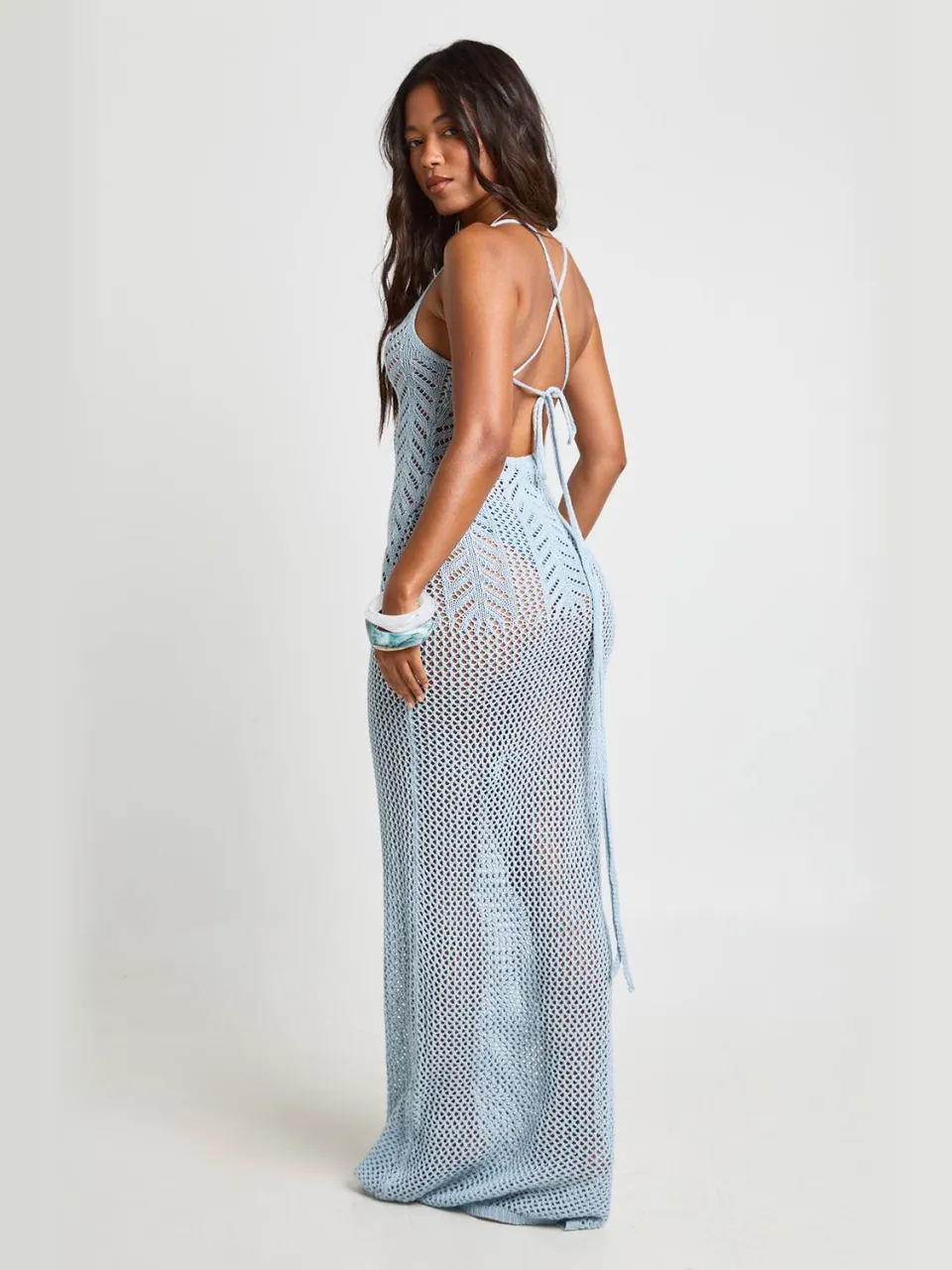 boohoo Dames Strand Gehaakte Maxi Jurk Met Strikdetail Op De Rug babyblauw, foto 2