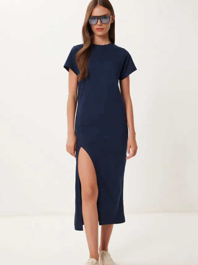 Happiness Istanbul Slim Fit Midi-jurk met Zijsplit Marineblauw