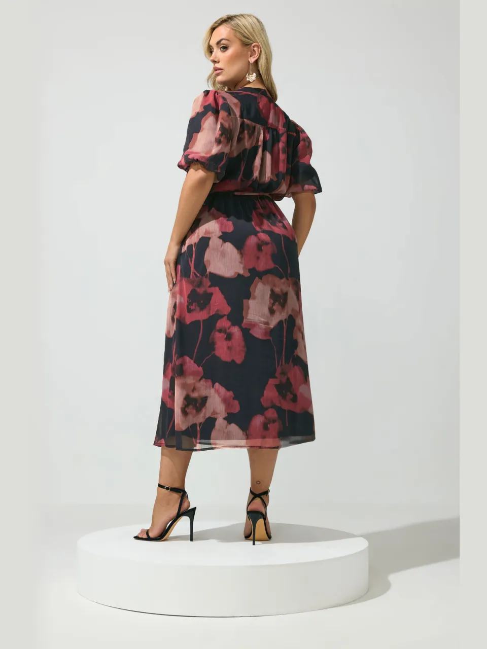 Yours London Curve Rode Jurk Met Wazige Bloemenprint En Pofmouwen rood, foto 3
