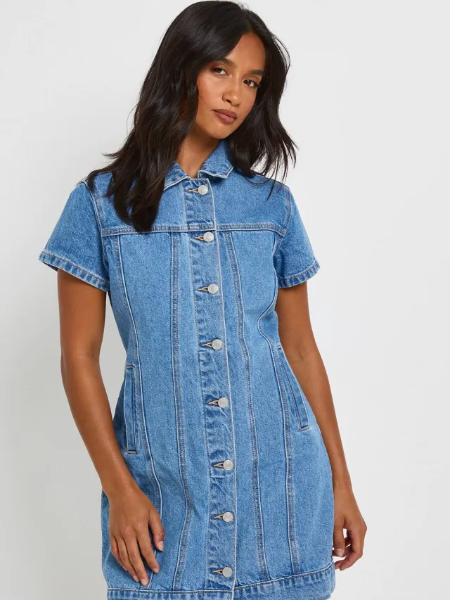 boohoo Dames Petite Western Denim Korte Mouw Mini Jurk Medium Blauw
